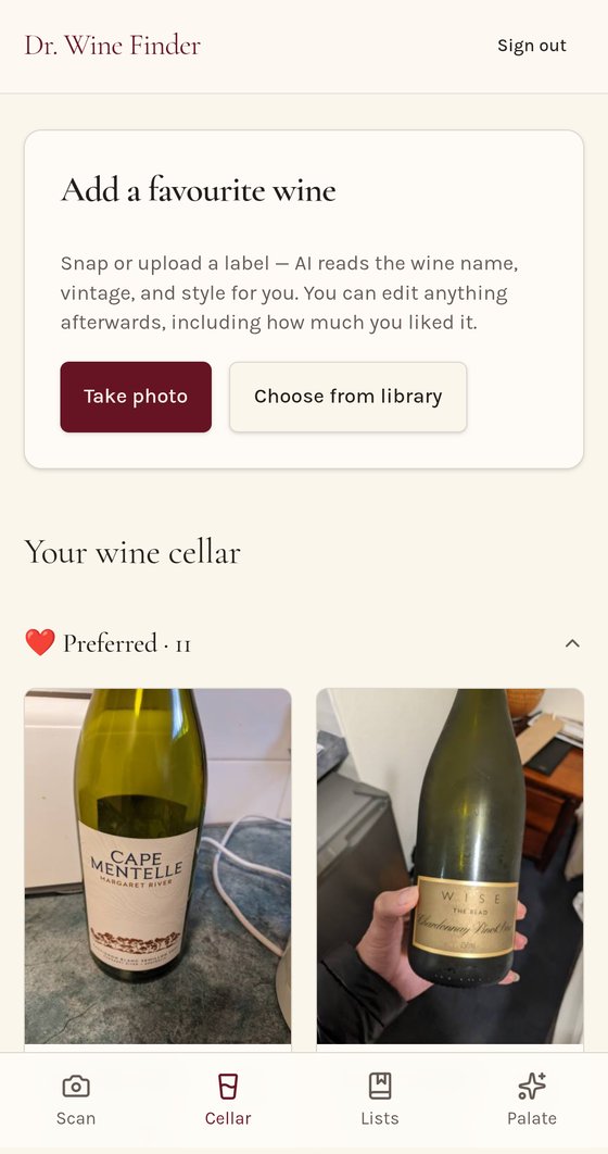 AI Wine Assistant cellar screen showing saved preferred wines