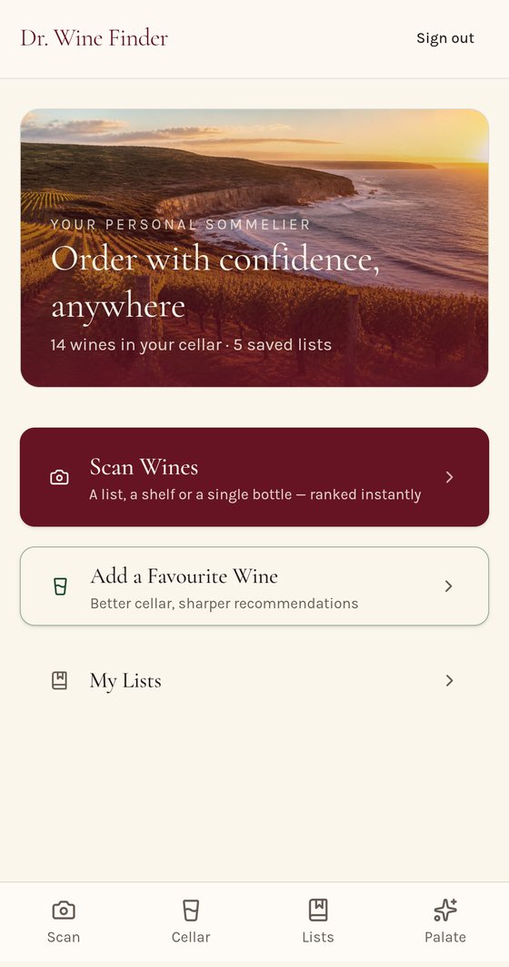 AI Wine Assistant home screen showing scan, cellar, and lists options
