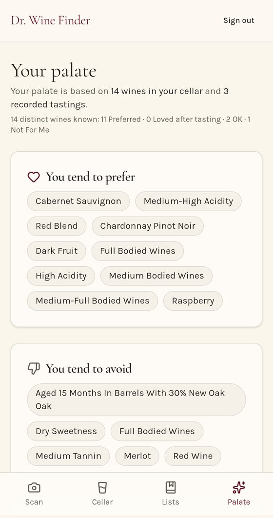 AI Wine Assistant palate screen showing preferred and avoided wine characteristics